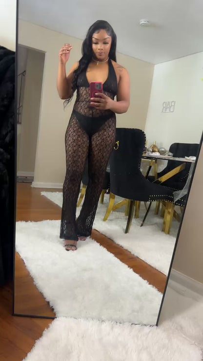 See through lace up backless jumpsuit